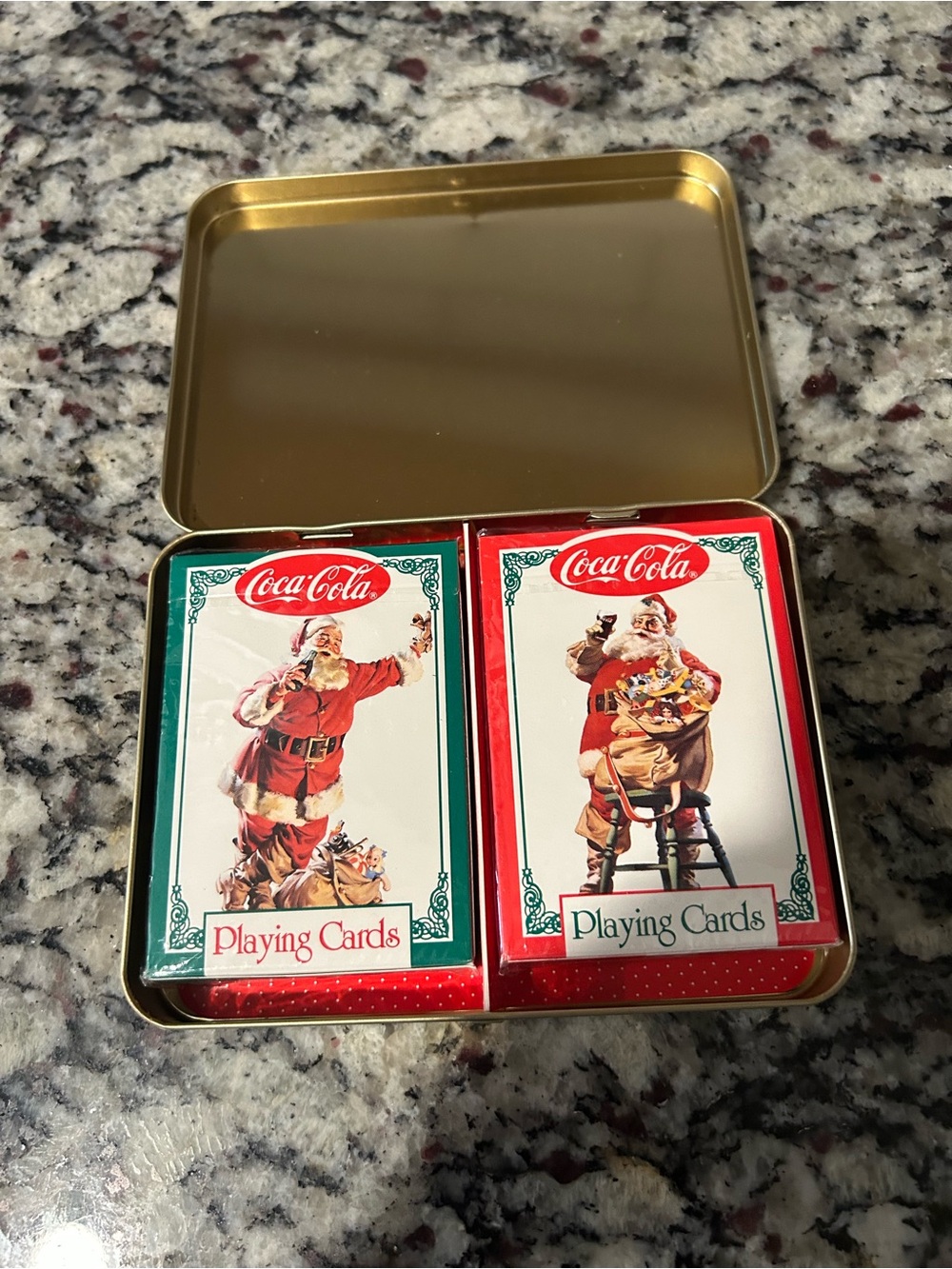 1994 Coca Cola Santa Playing Cards Tin Set - Red & Green Accents